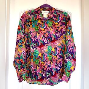 Vintage 60s Jessie 100% Silk Button Down Blouse Colourful Print size Large